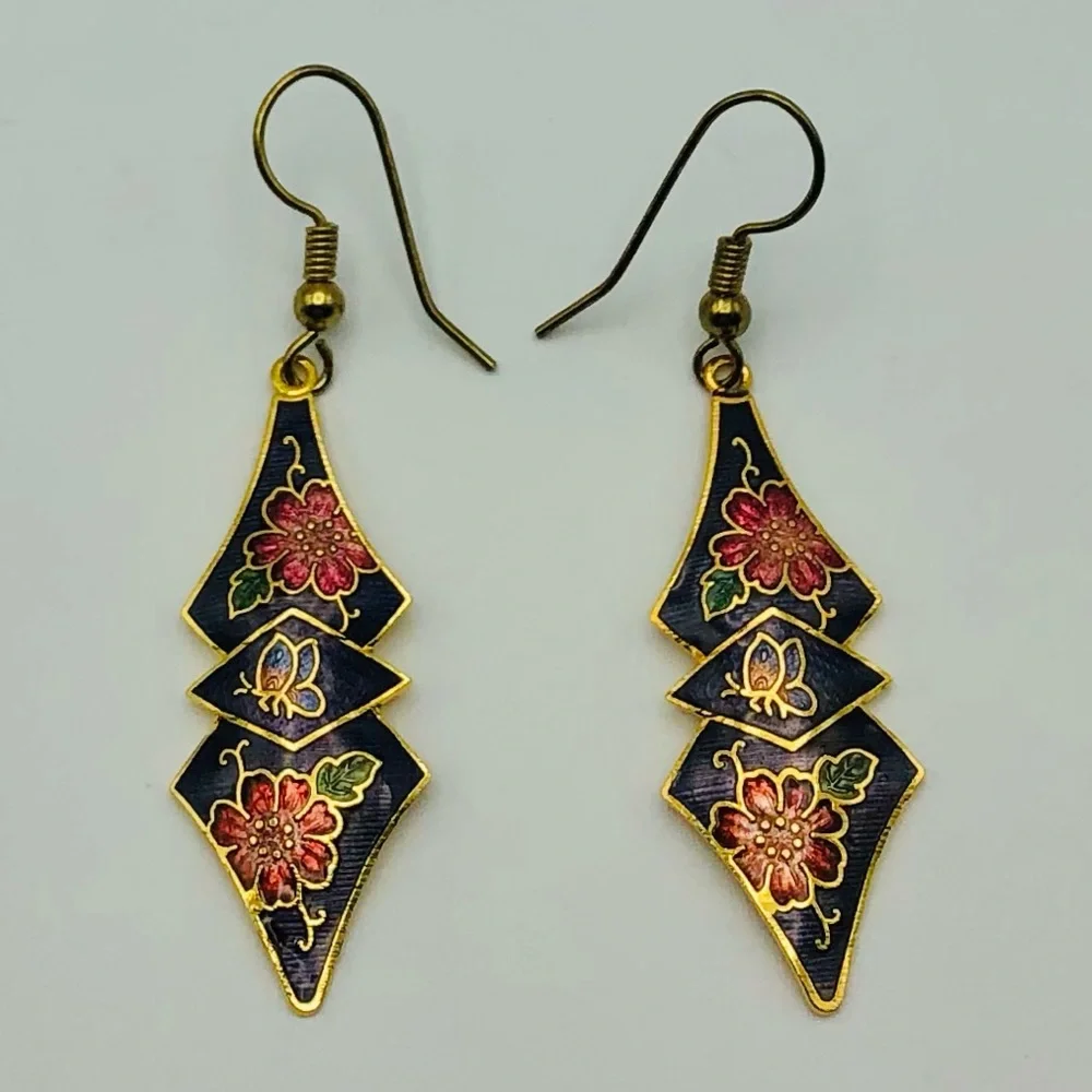 Vintage Cloisonné Earrings Butterflies and Flowers - Picture 5 of 5